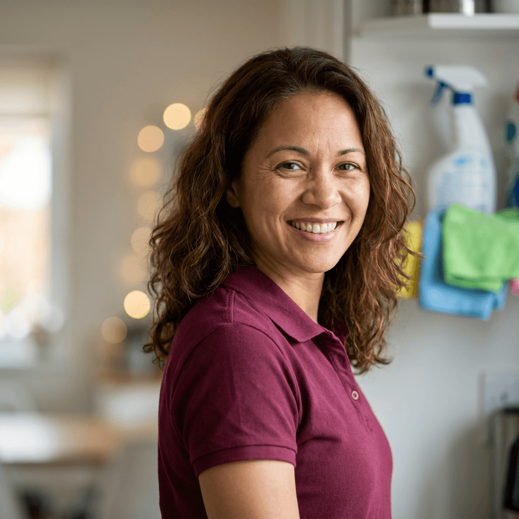 Portrait of a woman in her early 50s with shoulder-length brown hair and a bright smile